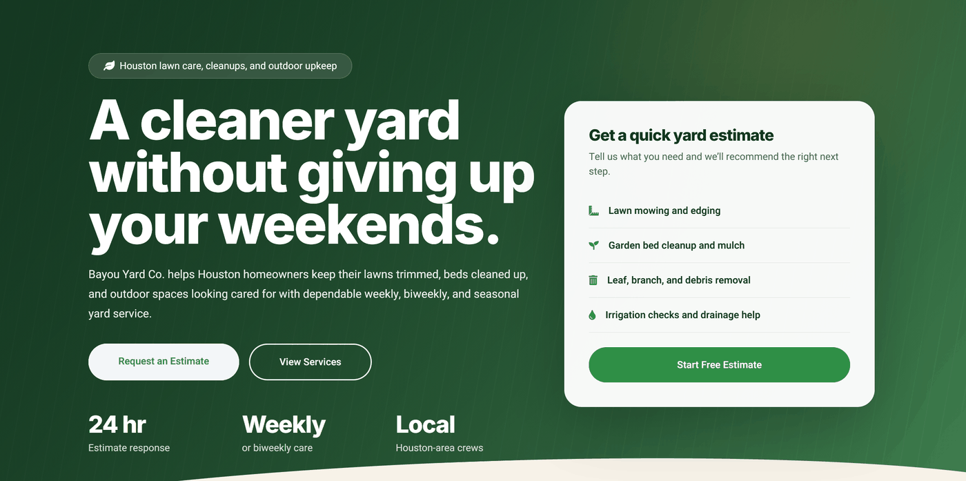 Bayou Yard Co. lawn care website demo screenshot